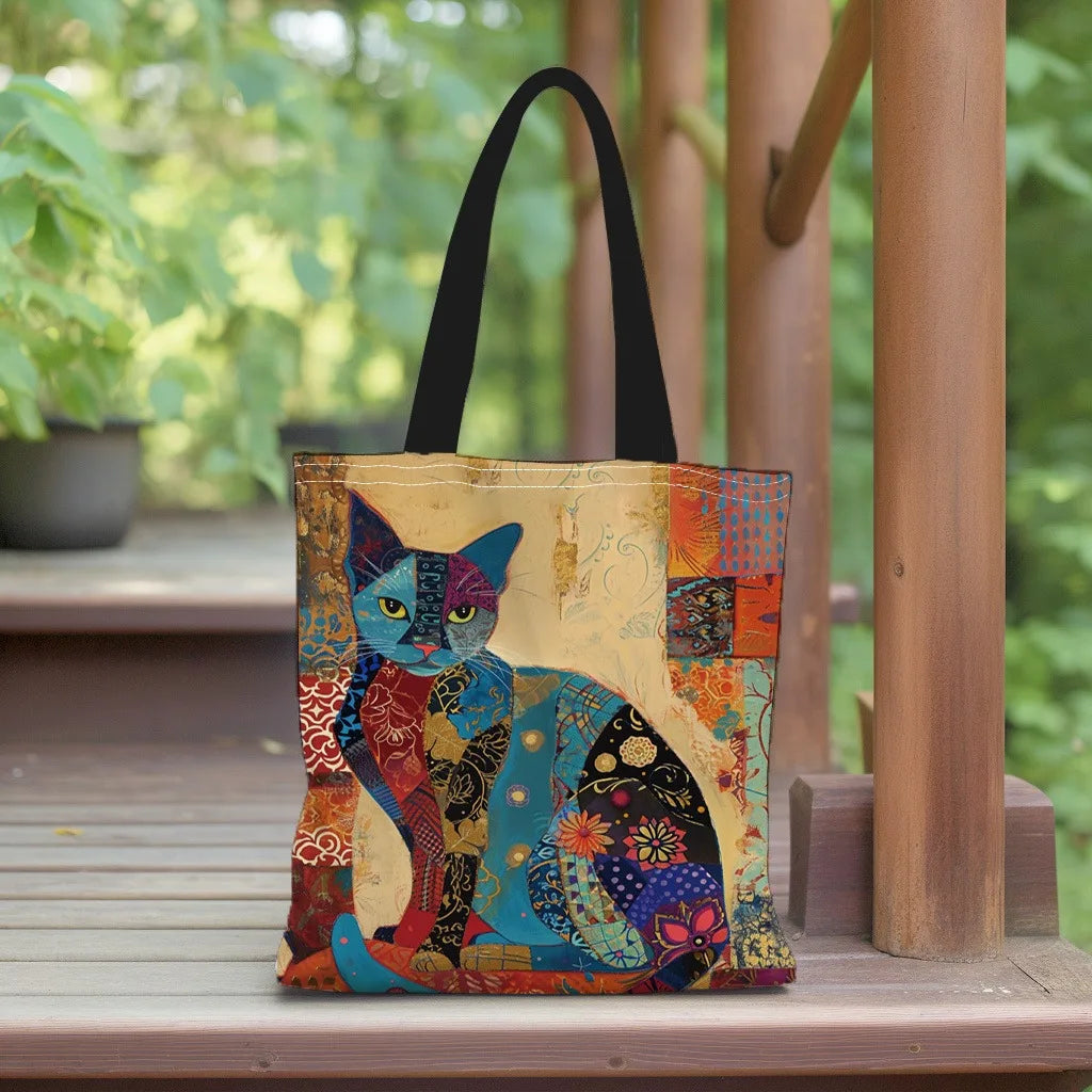 Cat Floral Design Handbag Retro Pattern Decorative Tote Bag Daily Casual Use Shoulder Bag, Large Capacity Practical Shopping Bag