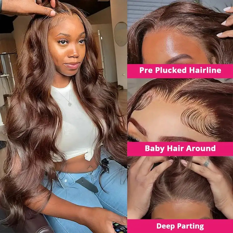 Chocolate Brown 13x4 Body Wave Lace Front Wigs Brown HD 13x6 Lace Frontal Wigs For Women 100% Human Hair Pre Plucked Brazilian