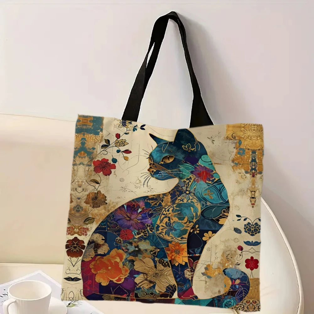 Cat Floral Design Handbag Retro Pattern Decorative Tote Bag Daily Casual Use Shoulder Bag, Large Capacity Practical Shopping Bag