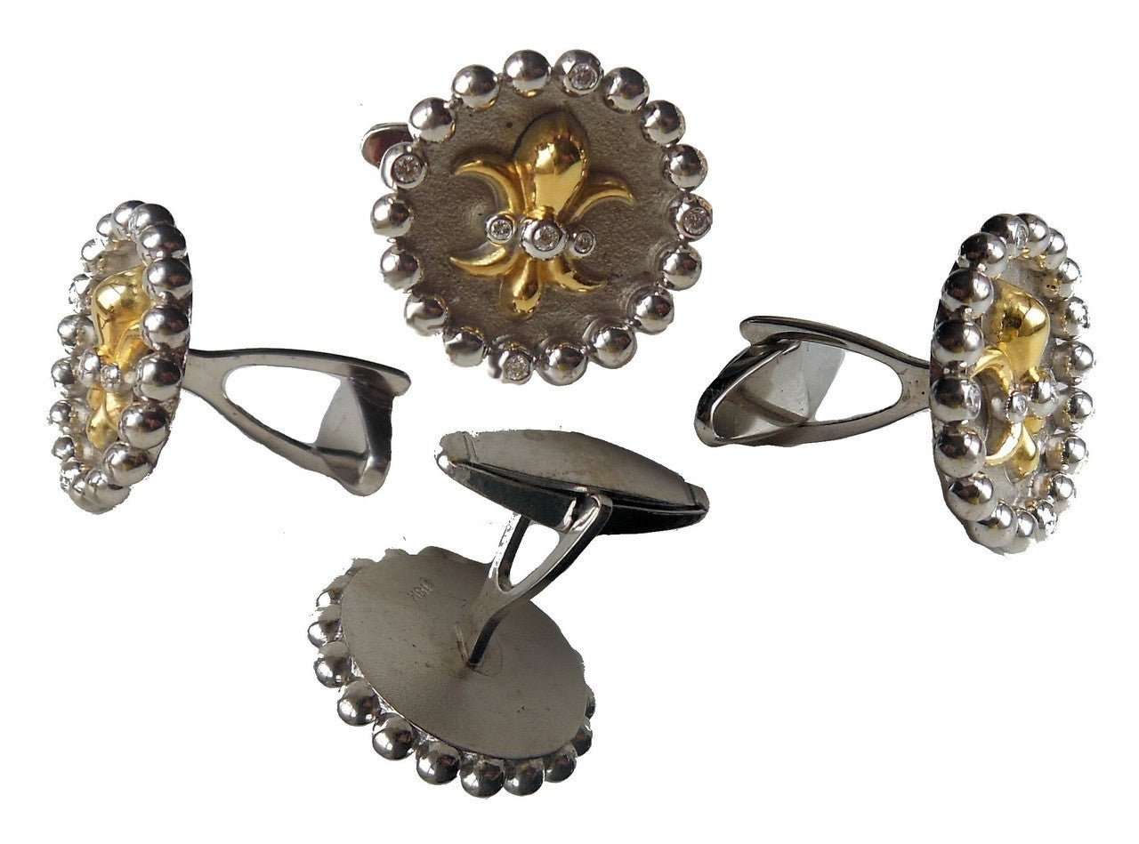Fleur De Lis Tuxedo Shirt Studs: Diamonds in Sterling Silver - Curated Sparkle Parlor