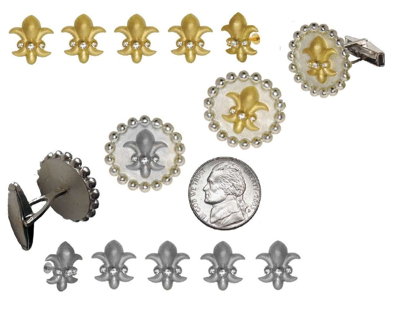 Fleur De Lis Tuxedo Shirt Studs: Diamonds in Sterling Silver - Curated Sparkle Parlor