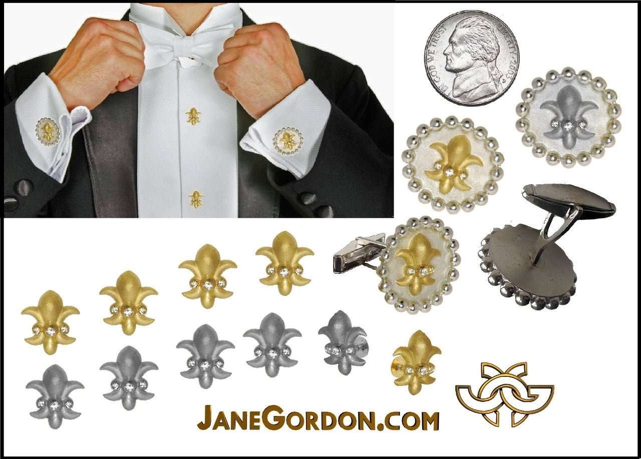 Fleur De Lis Tuxedo Shirt Studs: Diamonds in Sterling Silver - Curated Sparkle Parlor