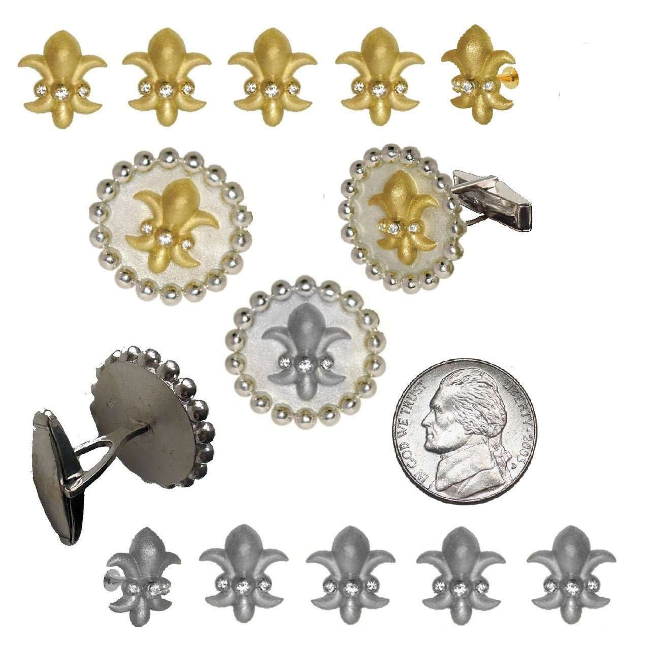 Fleur De Lis Tuxedo Shirt Studs: Diamonds in Sterling Silver - Curated Sparkle Parlor