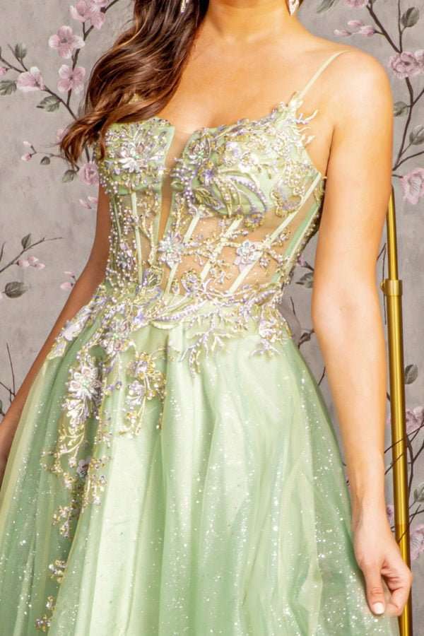 3 - D Flower Jewel Sheer Corset Bodice Mesh A - line Long Dress - Curated Sparkle Parlor