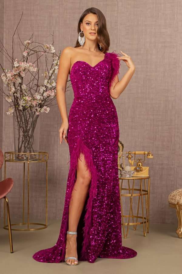 Asymmetric Sleeveless Feather Sequin Velvet Mermaid Dress - Curated Sparkle Parlor