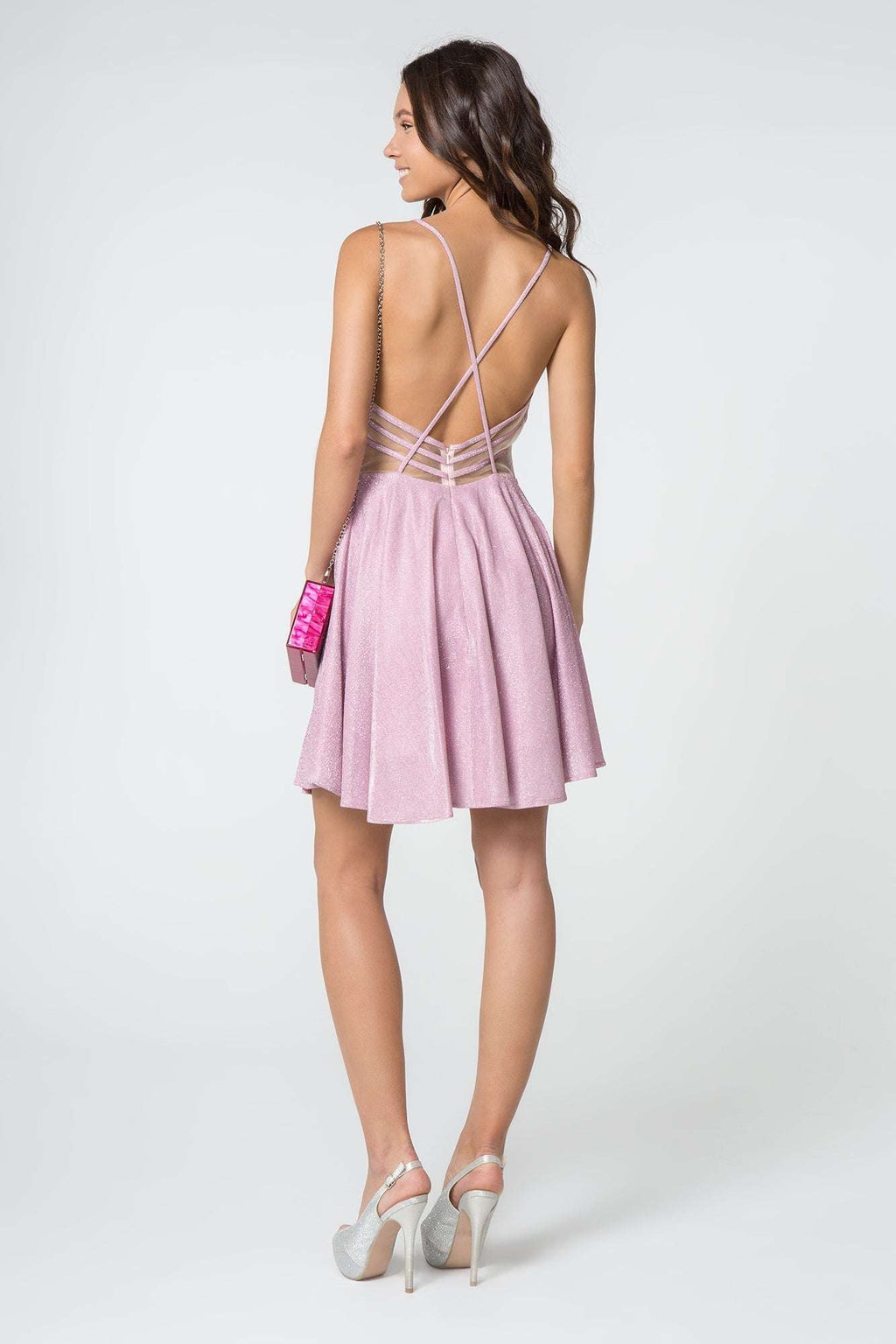 Illusion Deep V - Neck Glitter Crepe Short Dress w/ Strap Back - Curated Sparkle Parlor