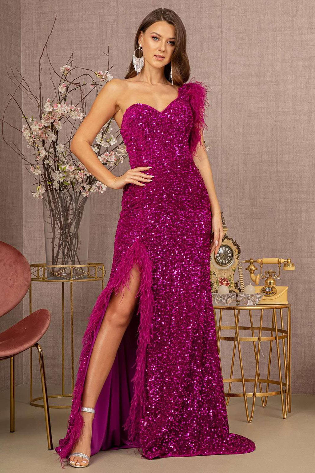 Asymmetric Sleeveless Feather Sequin Velvet Mermaid Dress - Curated Sparkle Parlor