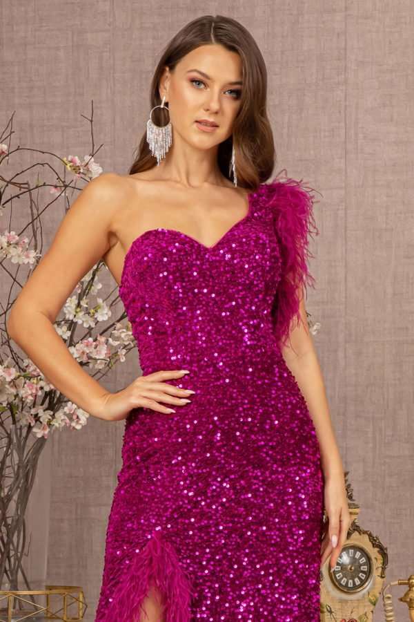 Asymmetric Sleeveless Feather Sequin Velvet Mermaid Dress - Curated Sparkle Parlor